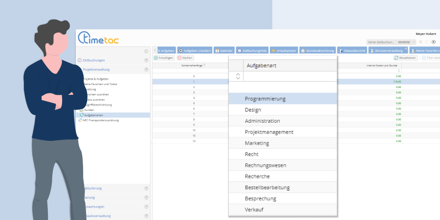 Kosten und Umsätze für Aufgabenarten in der TimeTac Projektzeiterfassung Kosten und Umsätze für Aufgabenarten in der TimeTac Projektzeiterfassung