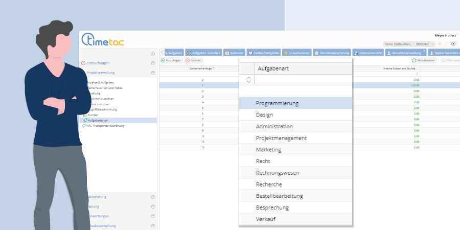 Kosten und Umsätze für Aufgabenarten in der TimeTac Projektzeiterfassung
