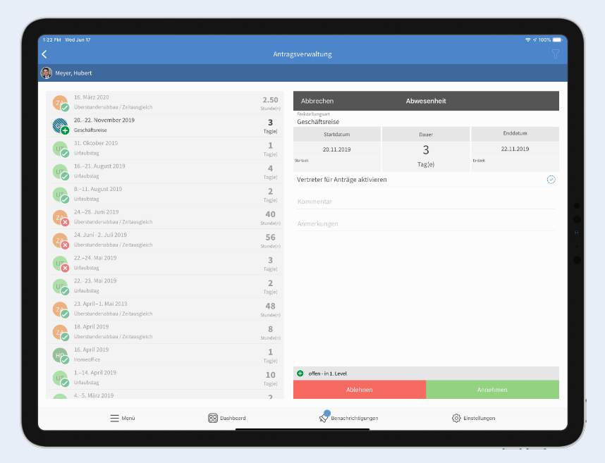 Informationen zu Anträgen am selben Bildschirm in der TimeTac iOS-App einsehen Antragsverwaltung-TimeTac-iOS-App