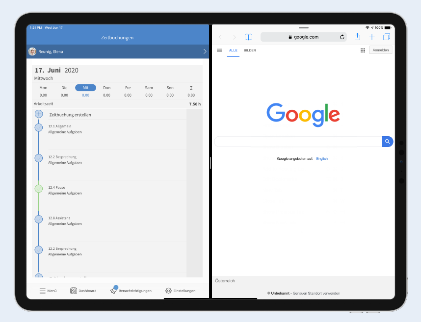 Die TimeTac iOS-App lässt sich im Split-Screen-Modus anzeigen Split-Screen-Modus-TimeTac-iOS-App