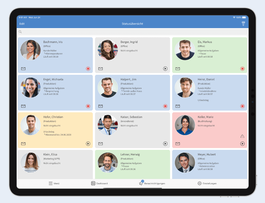 Status der Mitarbeiter rasch überblicken in der neuen TimeTac iOS-App Statusübersicht-TimeTac-iOS-App