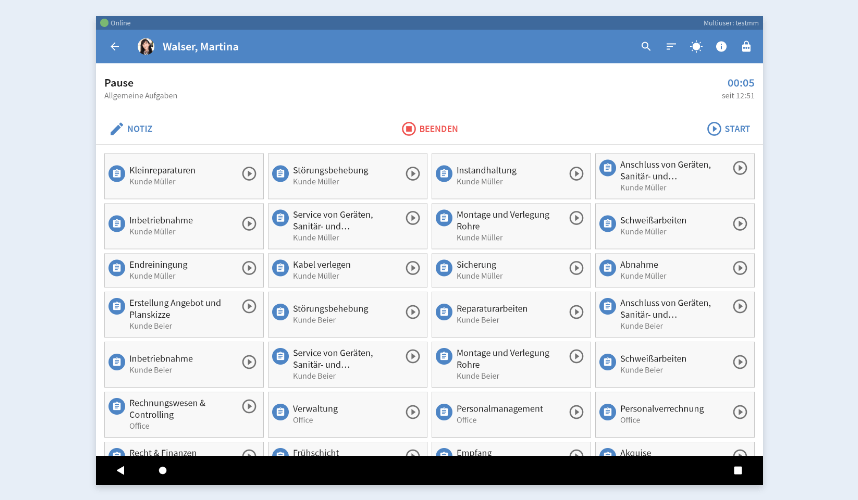 Nutzer-Aufgabenliste der TimeTac Multiuser-App Nutzer-Aufgabenliste der TimeTac Multiuser-App