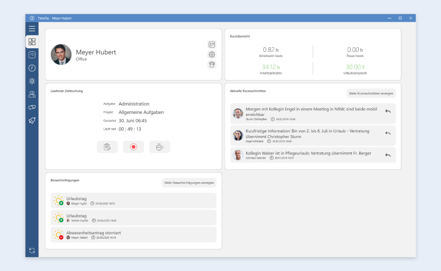 Rascher Überblick mit dem Dashboard in der TimeTac Desktop-App für Windows Dashboardansicht TimeTac Desktop-App für Windows