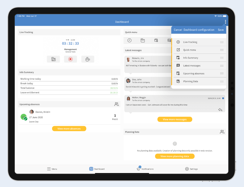 The new TimeTac iOS app dashboard is flexibly configurable TimeTac iOS app dashboard