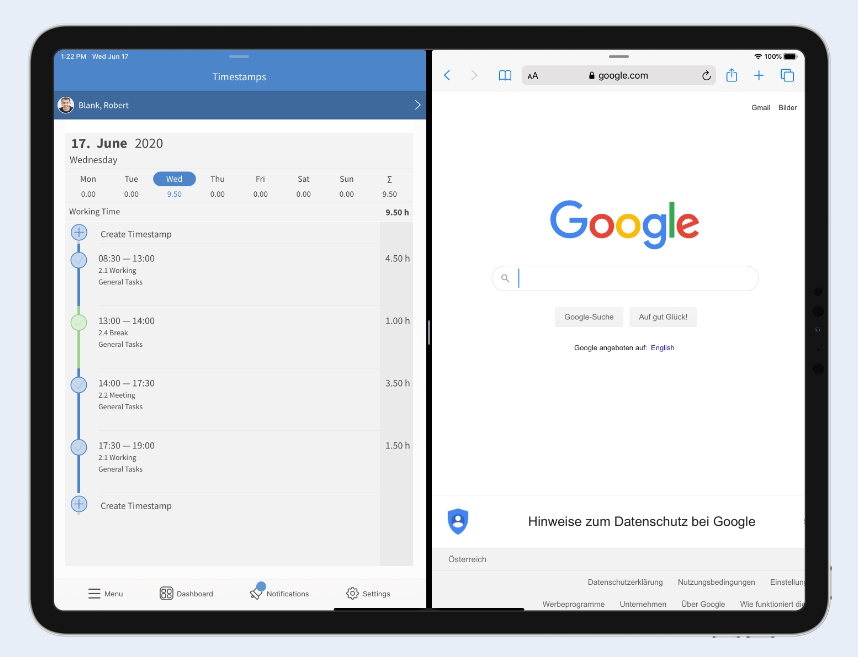 TimeTac iOS app split screen