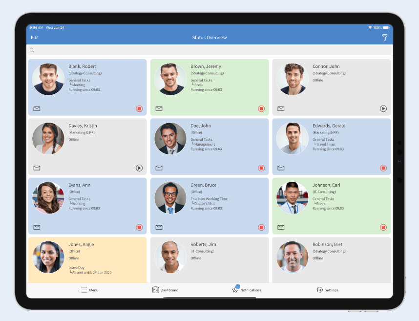 TimeTac iOS app employee status overview