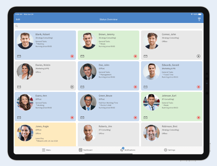 Quickly check employee status in the new TimeTac iOS app TimeTac iOS app employee status overview