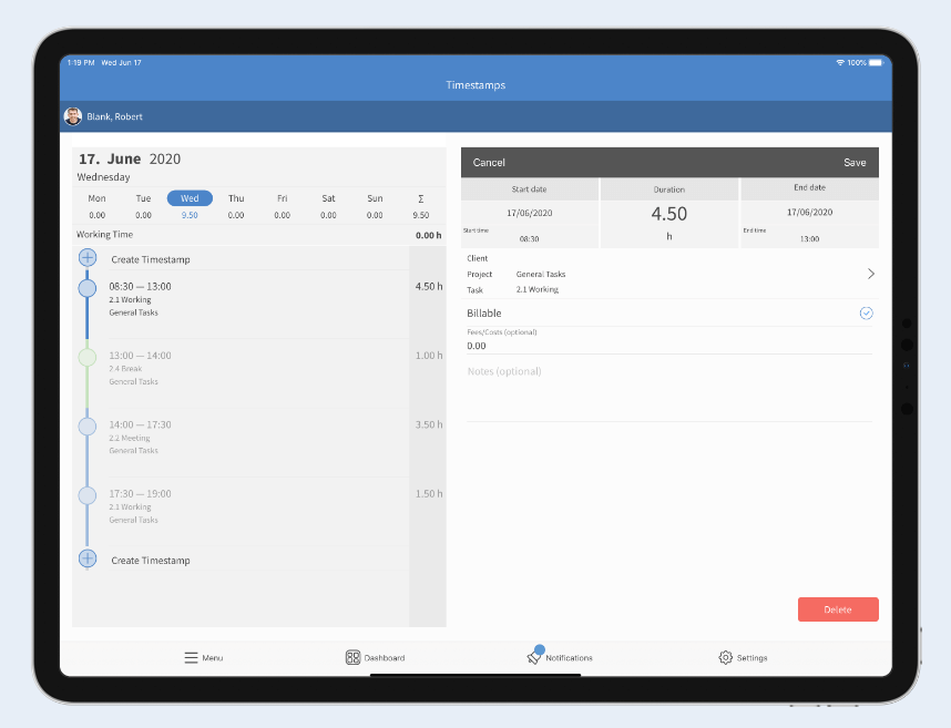 Detailed timestamp layout of the new TimeTac iOS app TimeTac iOS app detailed timestamp layout