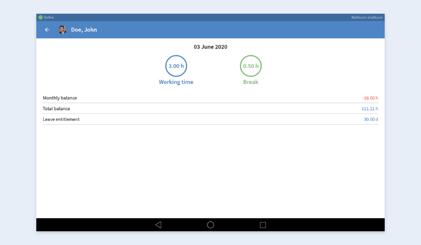 Info summary page - TimeTac Multiuser app View working hours and breaks or total balances and holiday entitlement - TimeTac Multiuser app