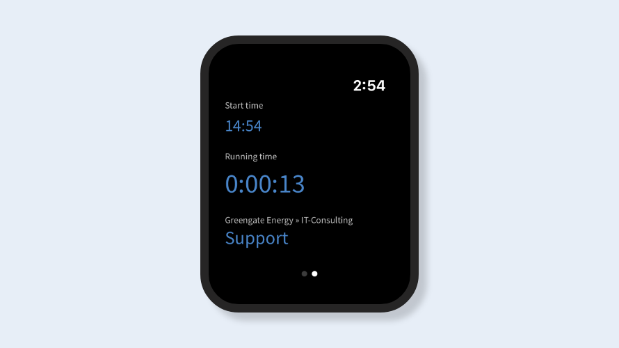 Anzeige Startzeit, Dauer und laufende Aufgabe TimeTac Apple Watch App