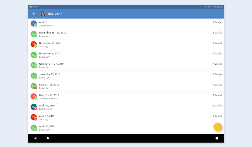 Leave management with the TimeTac Multiuser-App