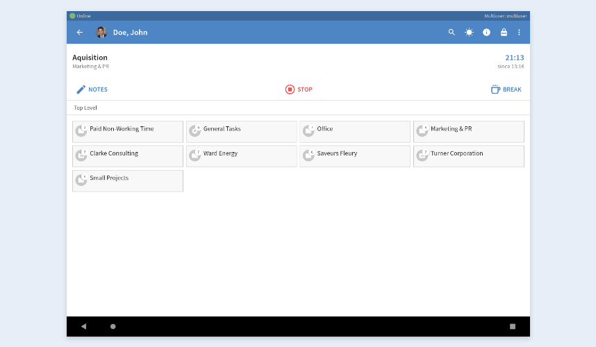 Multiuser project list within the TimeTac multiuser app Multiuser project list within the TimeTac multiuser app