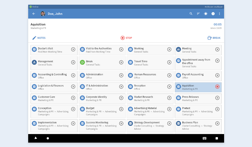 User task list within the TimeTac multiuser app