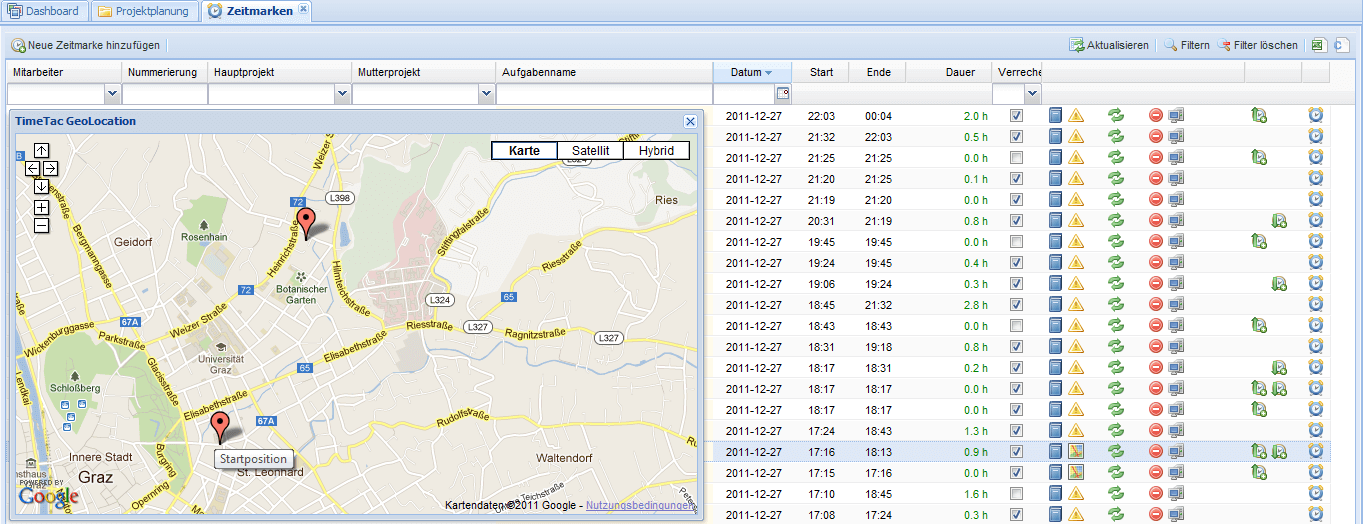 Ansicht von Positionsdaten in TimeTac Ansicht von Positionsdaten in TimeTac