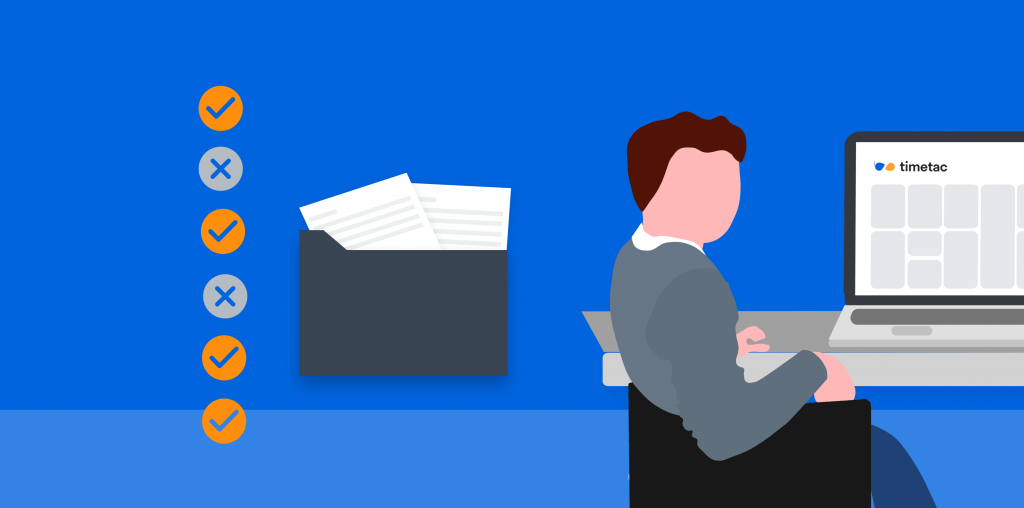 Illustration Mann am Laptop: Kontrolle und Jahresabschluss der Zeiterfassung leicht gemacht