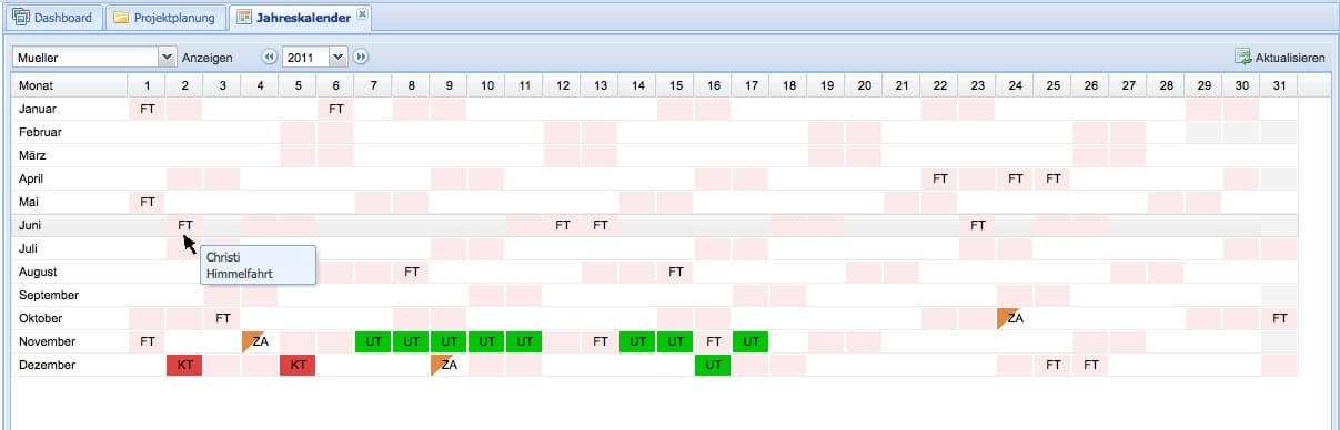 Urlaubsverwaltung - Jahreskalender in TimeTac Urlaubsverwaltung - Jahreskalender in TimeTac