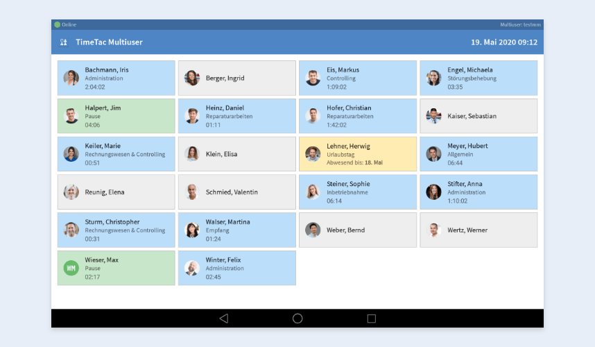 Statusübersicht der TimeTac Multiuser-App Statusübersicht der TimeTac Multiuser-App
