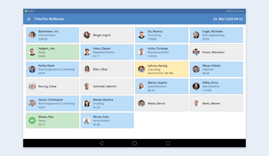 Statusübersicht der TimeTac Multiuser-App