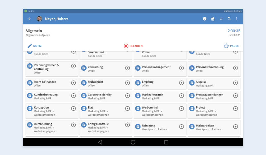 Erfassung nach Aufgabenliste Multiuser-Aufgabenliste der Multiuser-App Android