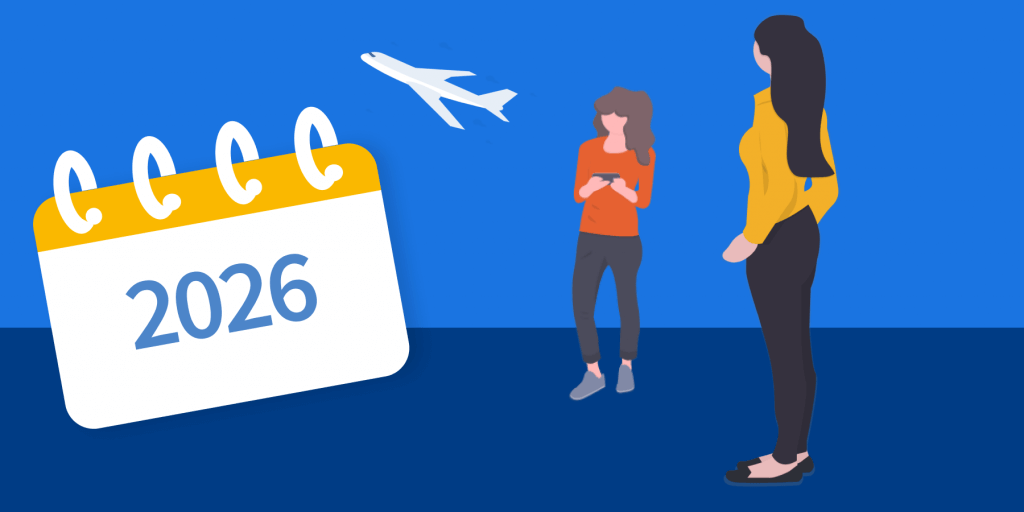 Illustration eines Kalenders zur Urlaubsplanung, auf dem zwei Frauen gemeinsam Termine eintragen.