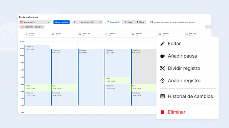Geovallas y control horario móvil con la App de TimeTac Calendario Registros Pausas