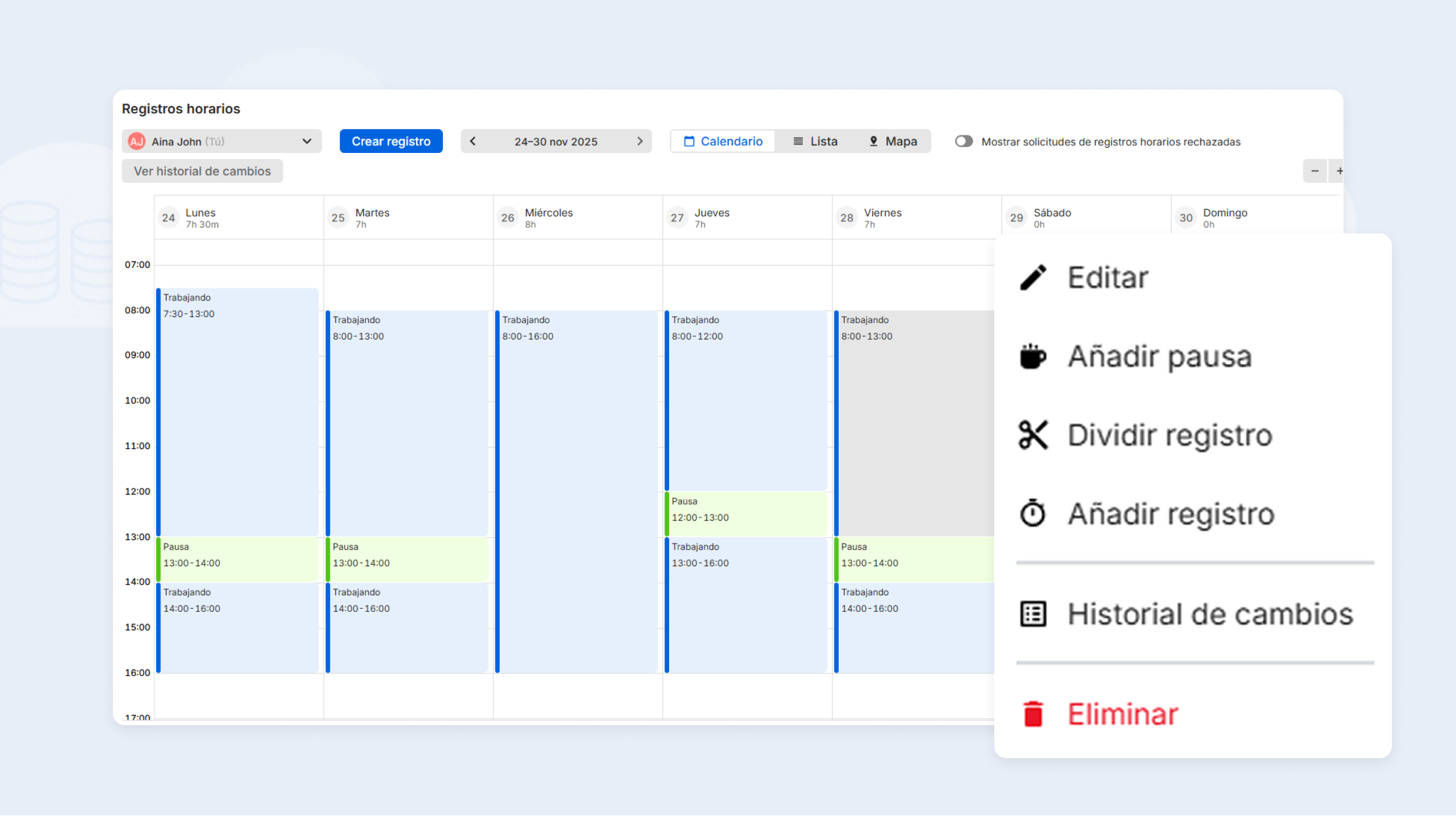 Geovallas y control horario móvil con la App de TimeTac Calendario Registros Pausas