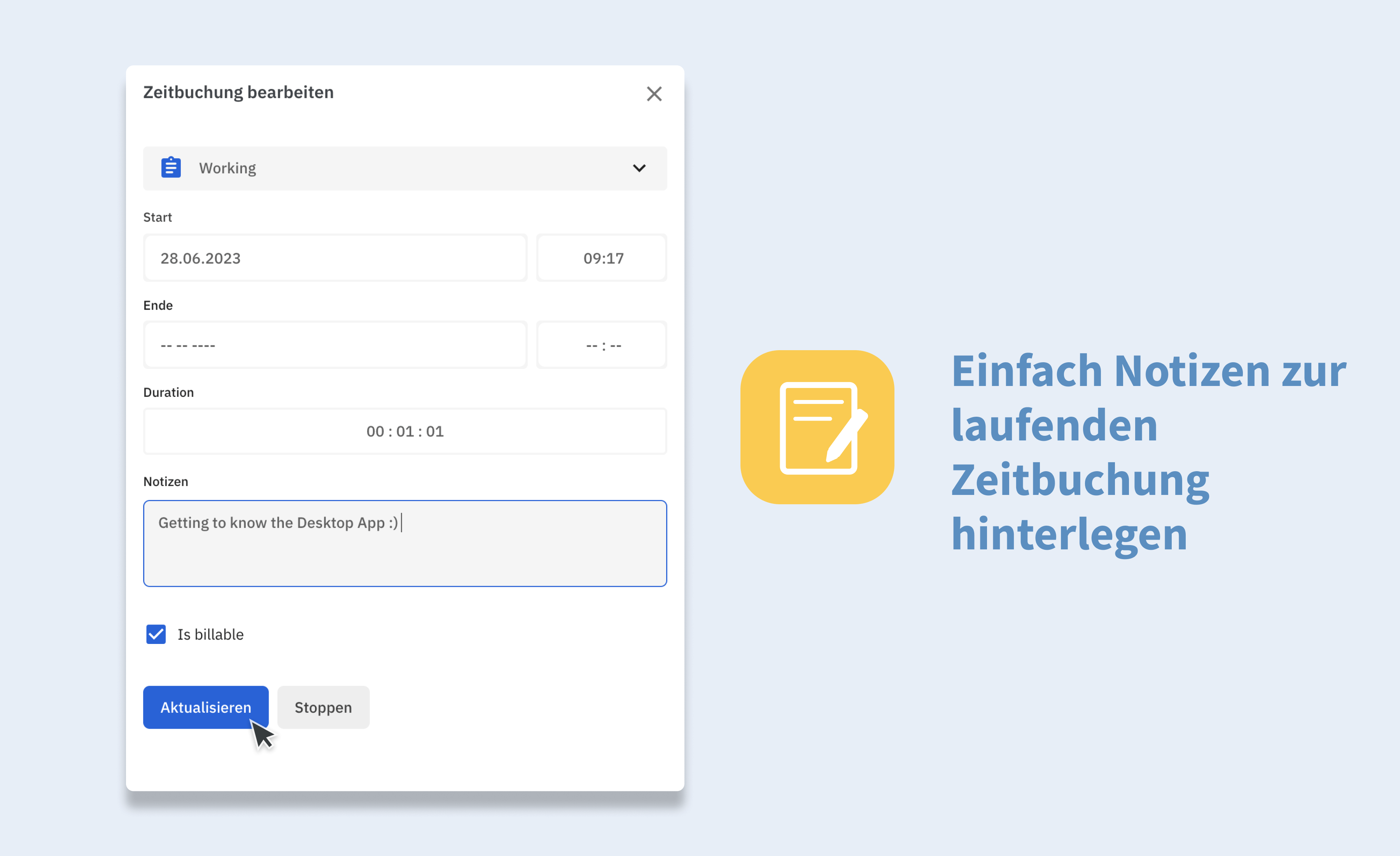 Notizen Zeiterfassung TimeTac Desktop App