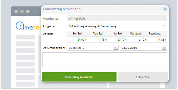 TimeTac Projektzeiterfassung Planeintrag