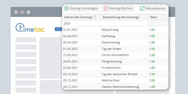 TimeTac Urlaubsverwaltung Feiertagskalender