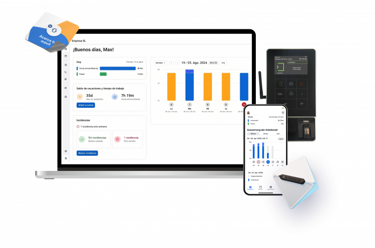 Cinco métodos de fichaje TimeTac · app, web, máquina, NFC, cubo