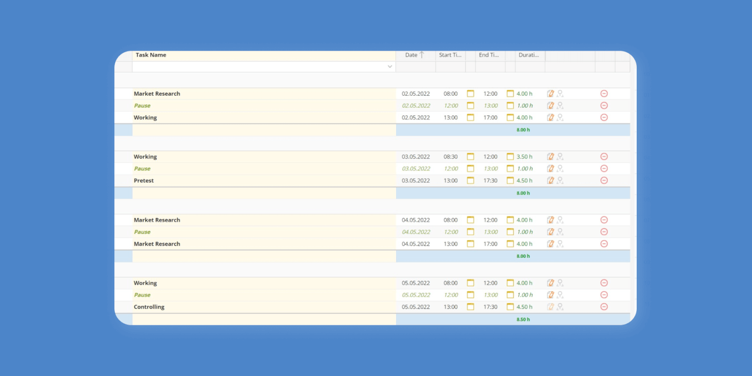 TimeTac time tracking delete time bookings in the time booking list TimeTac timestamp list