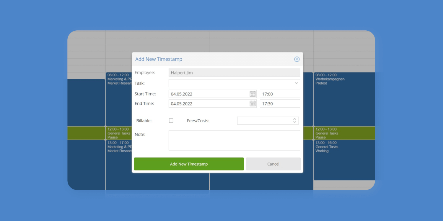 TimeTac working time recording. Submit a request for a new timestamp TimeTac add new tmestamp