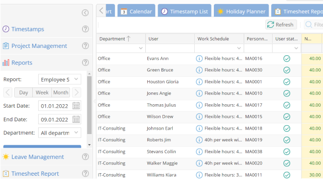 TimeTac employee reports by periods and teams