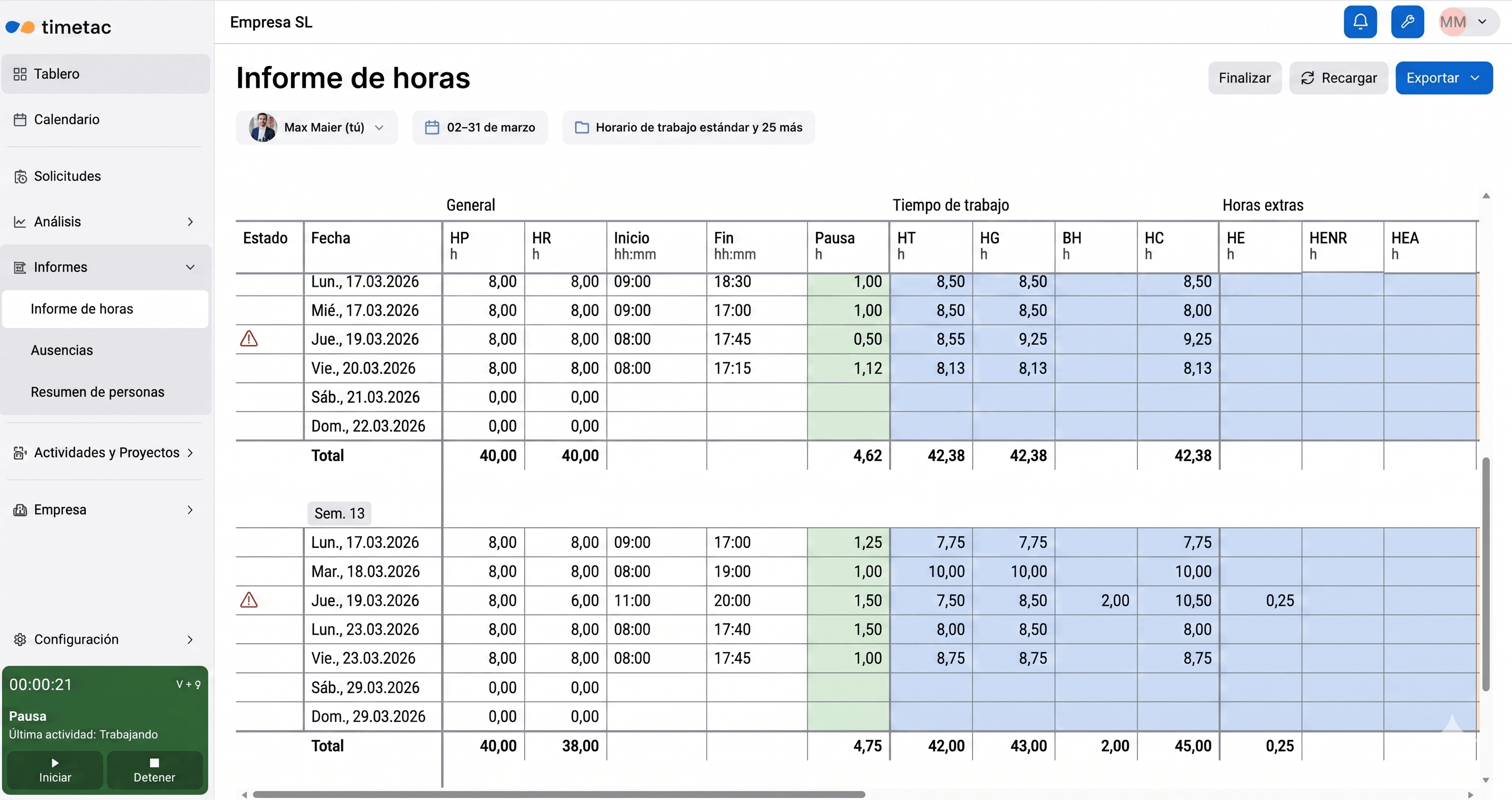 Informe de jornada exportable para inspección