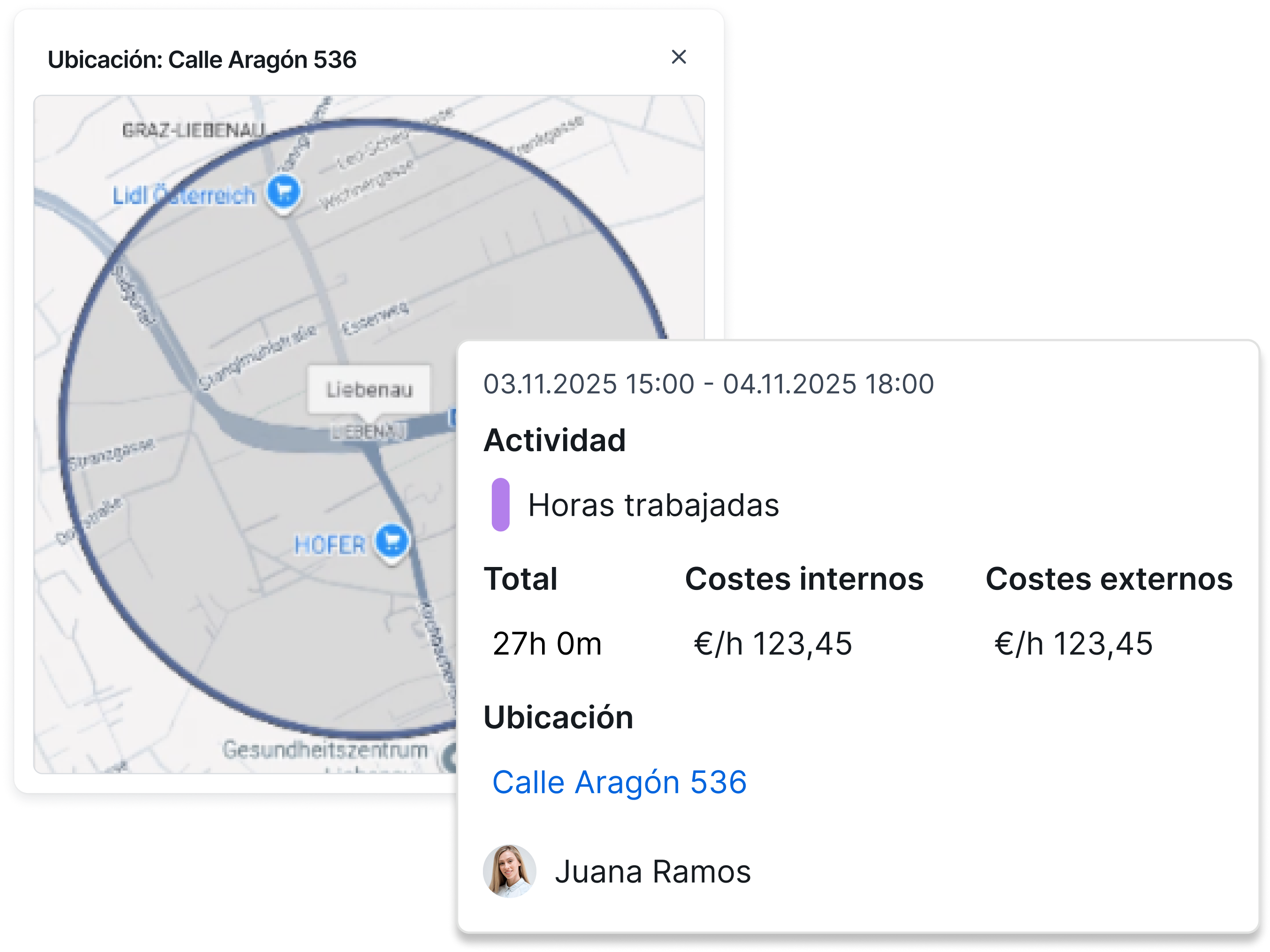 Pantalla TimeTac · vista de ubicaciones y geofencing