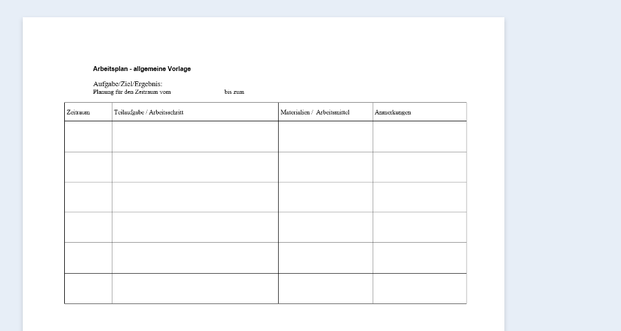 Beispiel eines Arbeitsplans