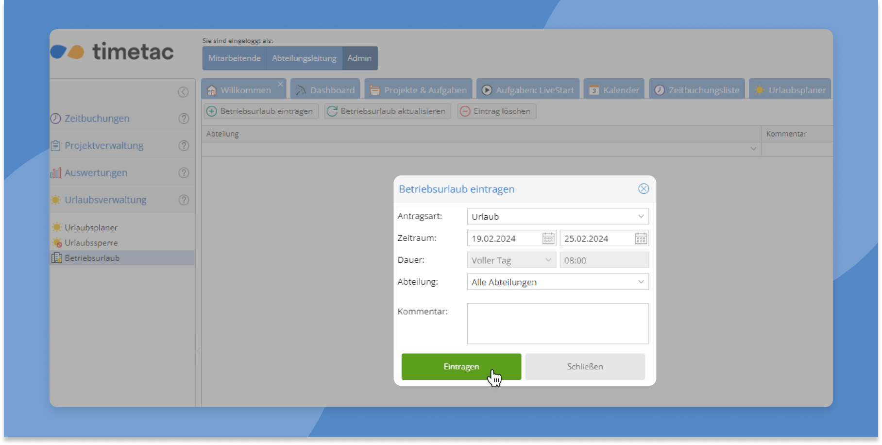 Betriebsurlaub erstellen in TimeTac