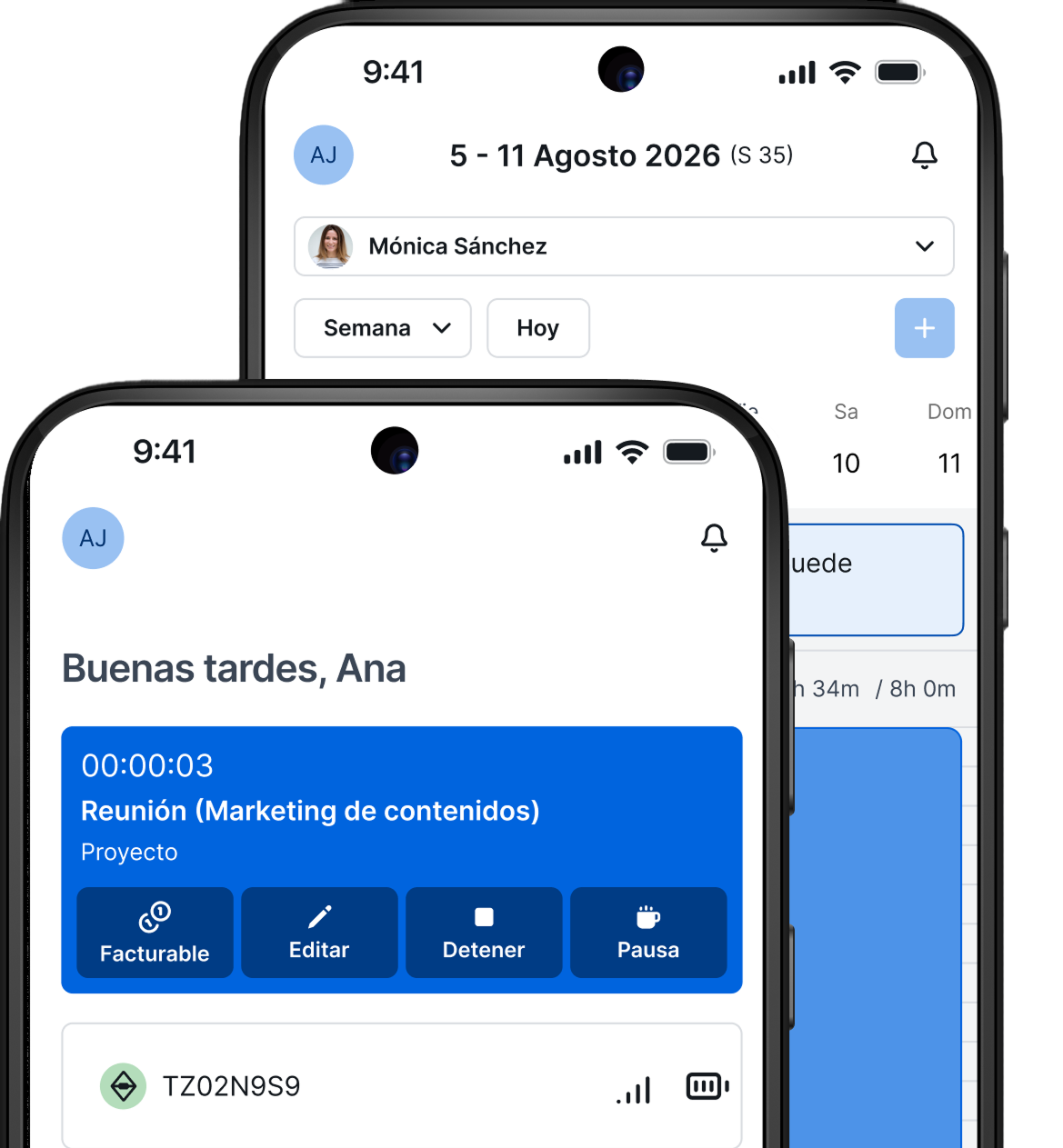 App TimeTac · dashboard de control horario en móvil