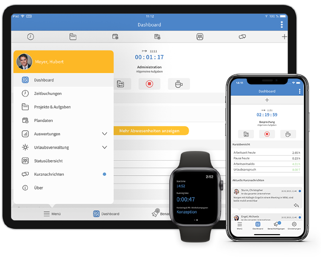 Mobile Zeiterfassung am Tablet, Smartphone, Apple Watch und Terminal Mini