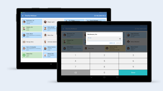 Con nuestra App Multiusuario para Android, varios empleados pueden controlar su tiempo a través de un solo dispositivo Con nuestra App Multiusuario para Android, varios empleados pueden controlar su tiempo a través de un solo dispositivo