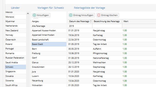 TimeTac Feiertagskalender: Feiertagsliste für alle Schweizer Kantone auswählbar