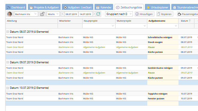Zeitbuchungen pro Mitarbeiter in Listenansicht Zeitbuchungen pro Mitarbeiter in Listenansicht