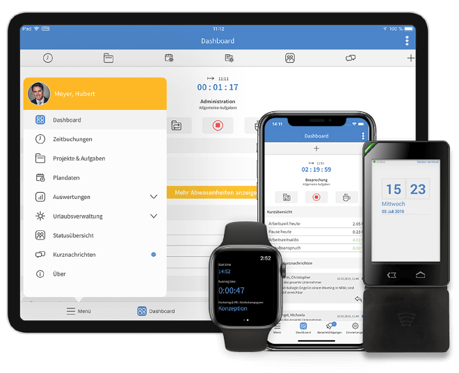 Mobile Zeiterfassung am Tablet, Smartphone, Apple Watch und Terminal Mini