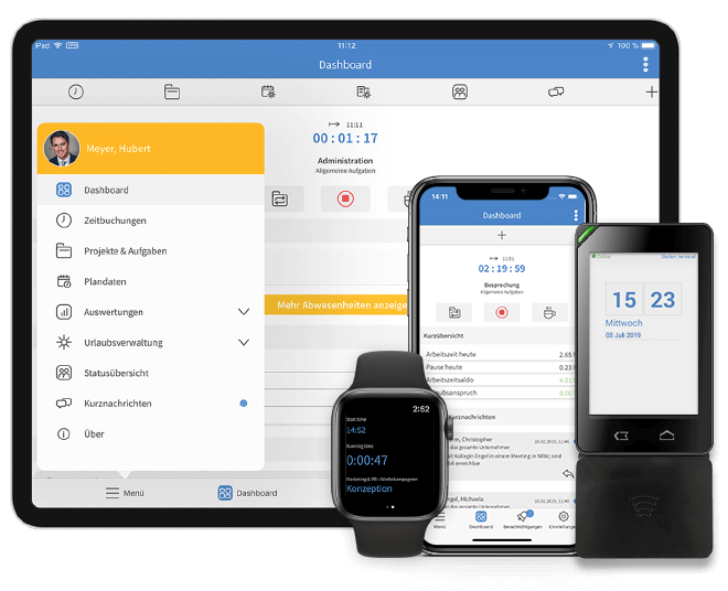Mobile Zeiterfassung am Tablet, Smartphone, Apple Watch und Terminal Mini Mobile Zeiterfassung am Tablet, Smartphone, Apple Watch und Terminal Mini