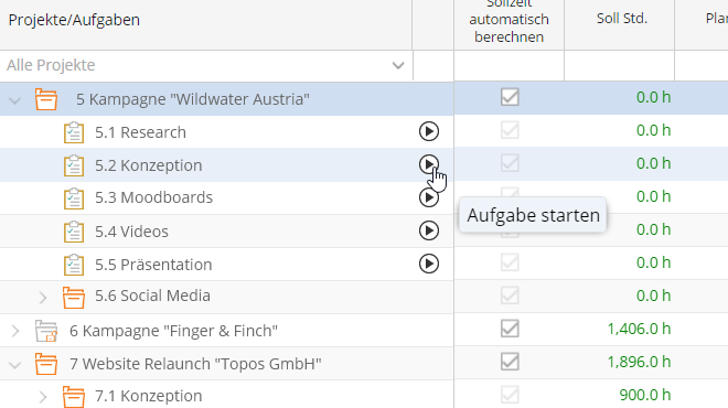 Pojektstruktur in der TimeTac Zeiterfassung für Agenturen