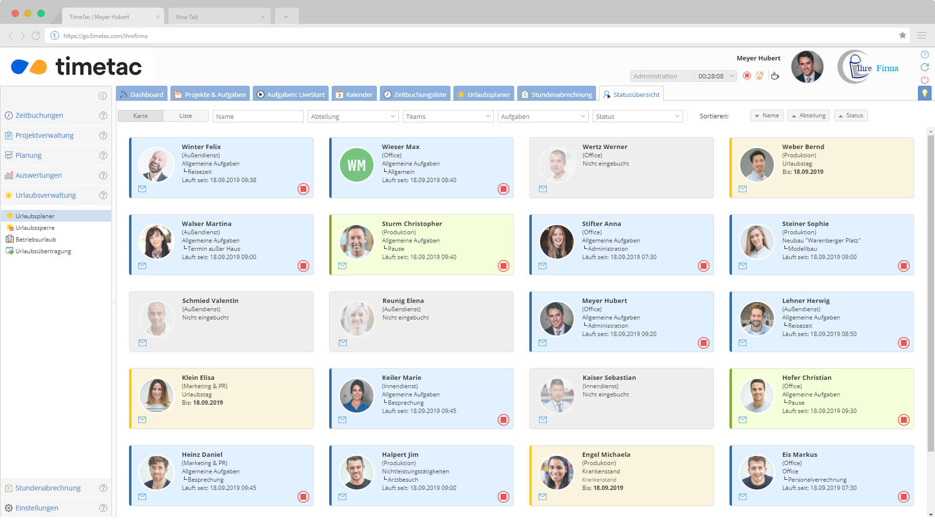 Statusübersicht aller Mitarbeiter in der TimeTac Zeiterfassung für Gebäudereinigungsunternehmen Statusübersicht aller Mitarbeiter in der TimeTac Zeiterfassung für Gebäudereinigungsunternehmen