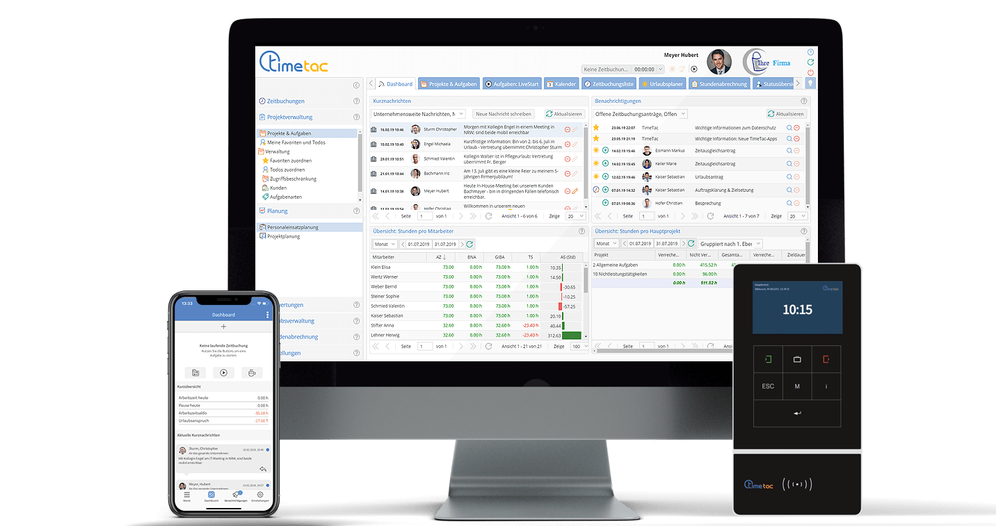 Zeiterfassung via Zeiterfassungsterminal, Desktop und Mobile App Zeiterfassung via Zeiterfassungsterminal, Desktop und Mobile App