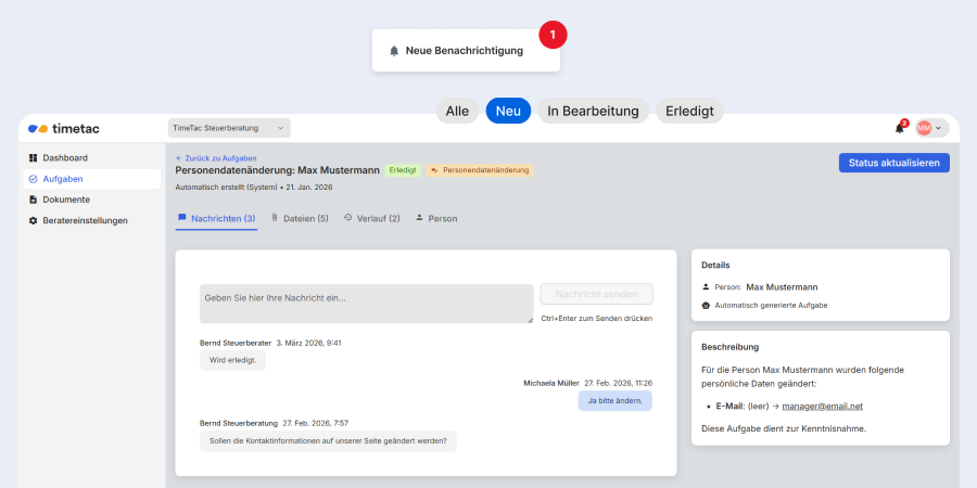 Payroll Connect Task Management Screenshot vom Task Management System und Chat in Payroll Connect