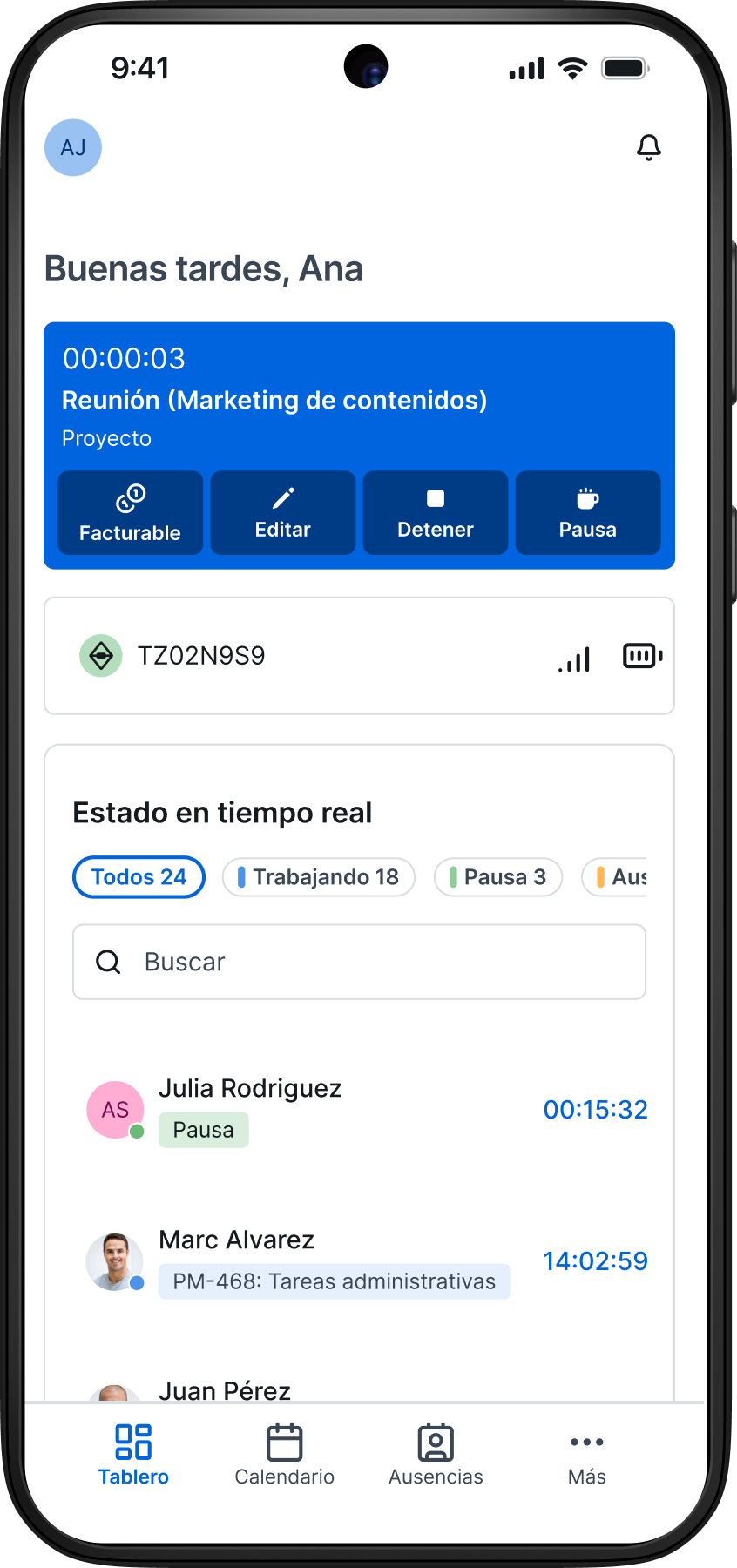 App TimeTac · pantalla de fichaje