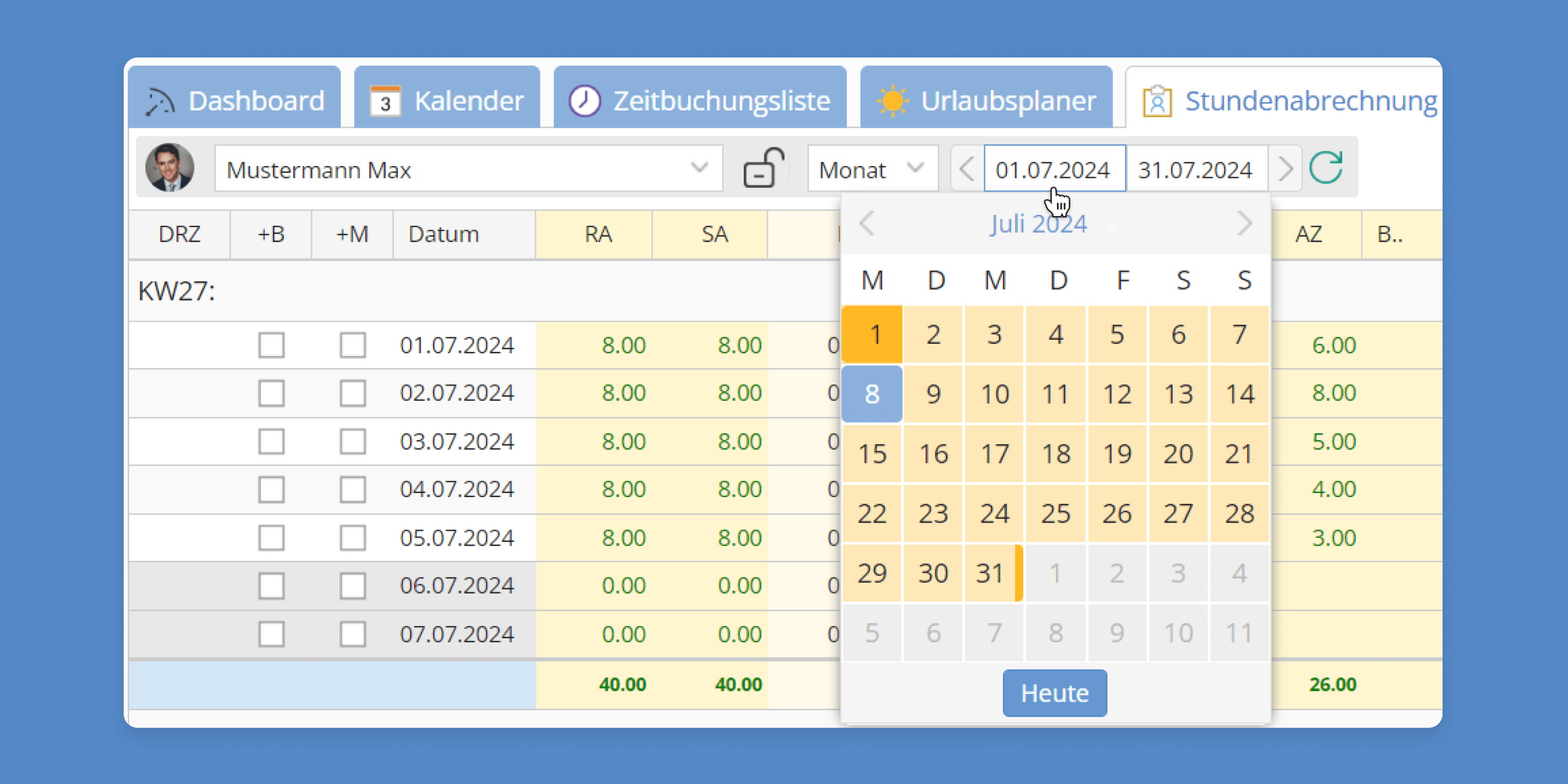 TimeTac Stundenabrechnung Datespicker TimeTac Stundenabrechnung Datespicker